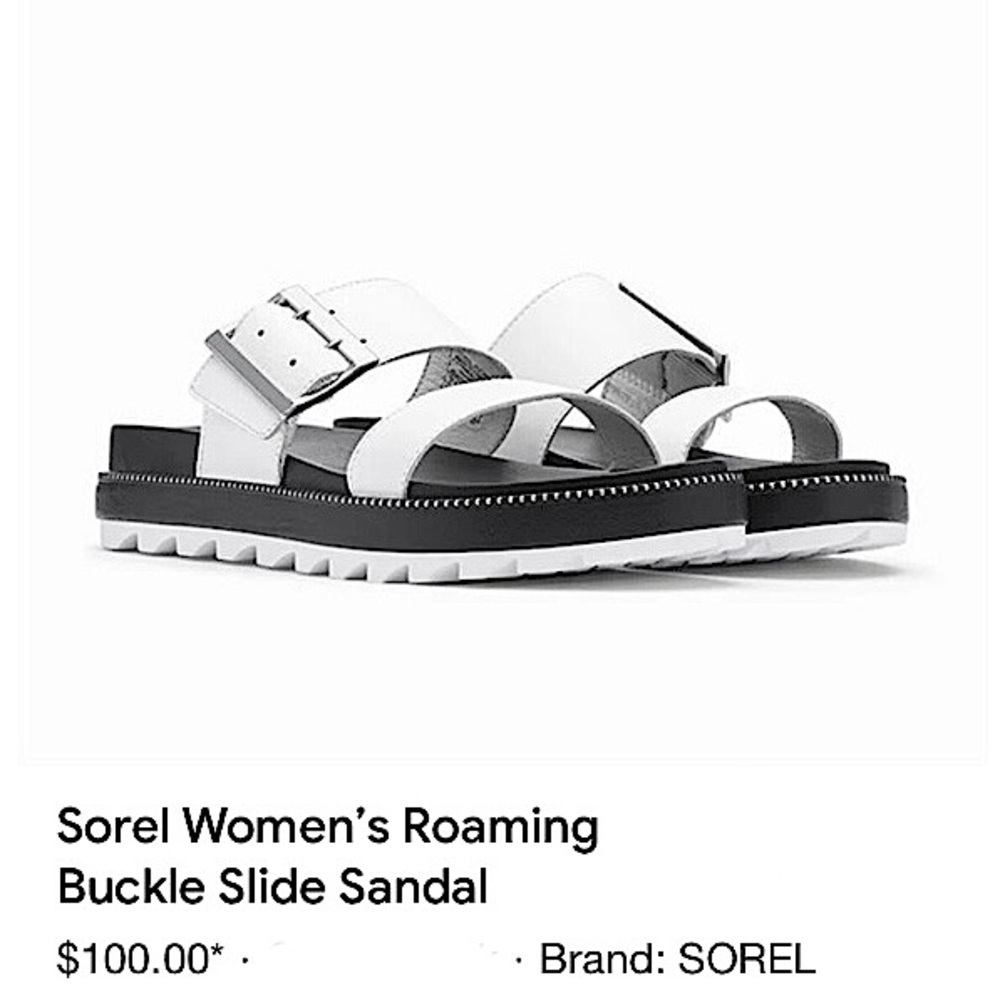 Sorel Roaming Big Buckle Slide Sandals Leather Size 10 White Black 90s Chunky - Picture 3 of 14